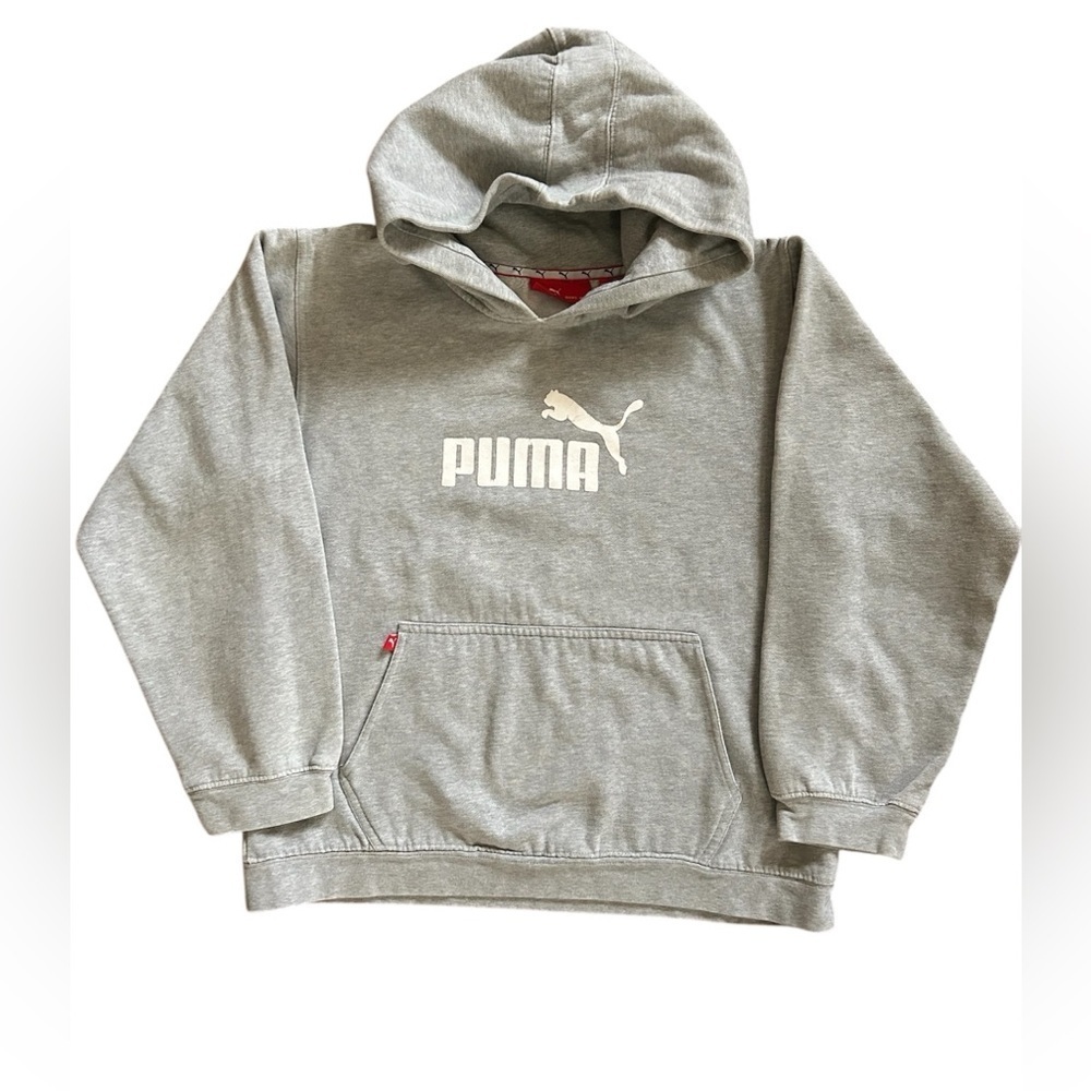 Puma Gray Hoodie Pullover Kangaroo Pocket Fleece Streetwear Boys XL